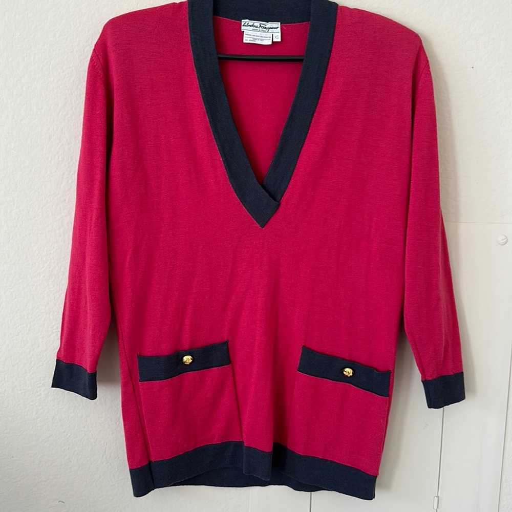 Salvatore Ferragamo red v-neck wool sweater w/gold buttons & grey contrast trim